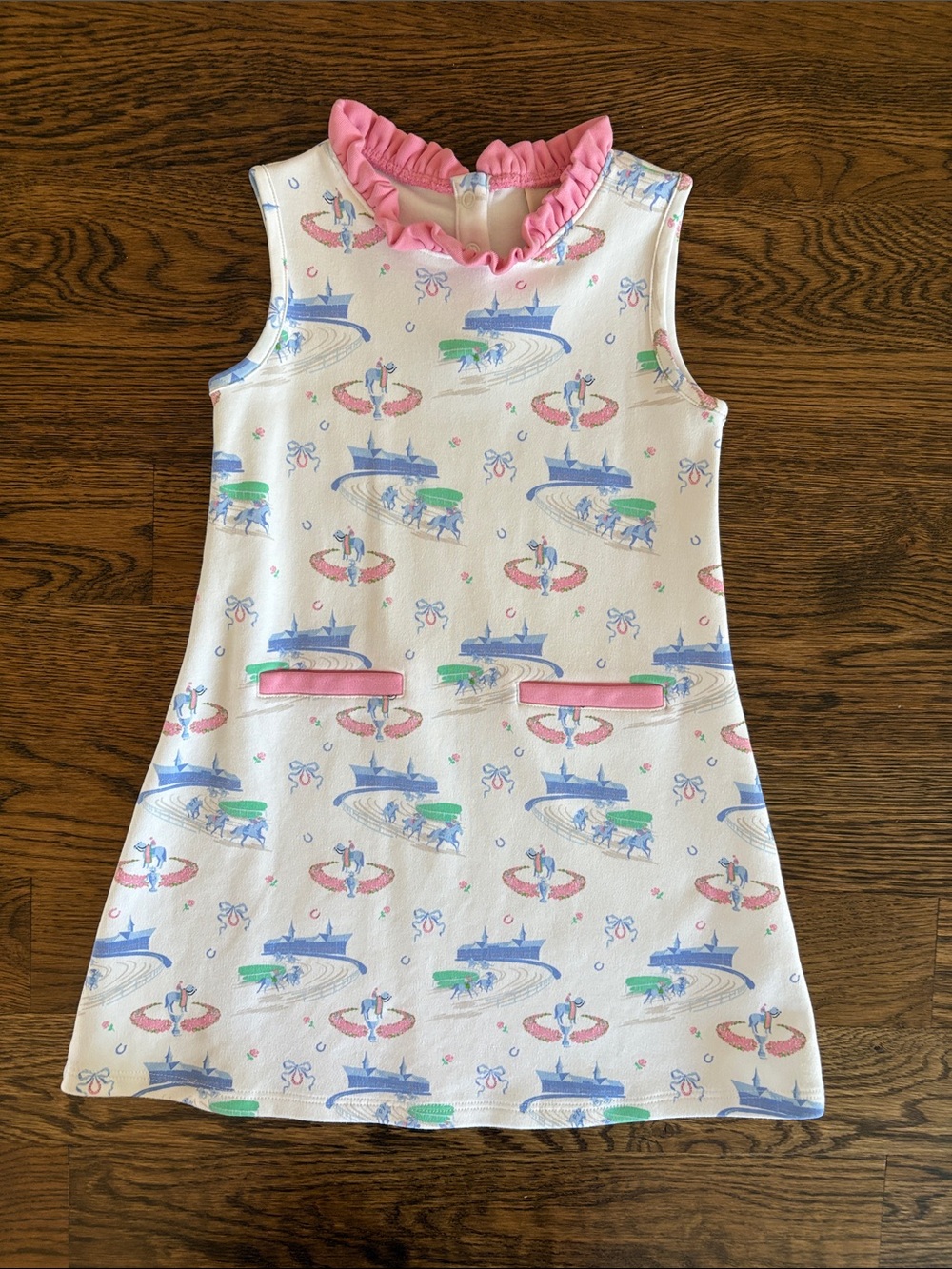 The Beaufort Bonnet Company White Kentucky Derby Dress with Pink Ruffle